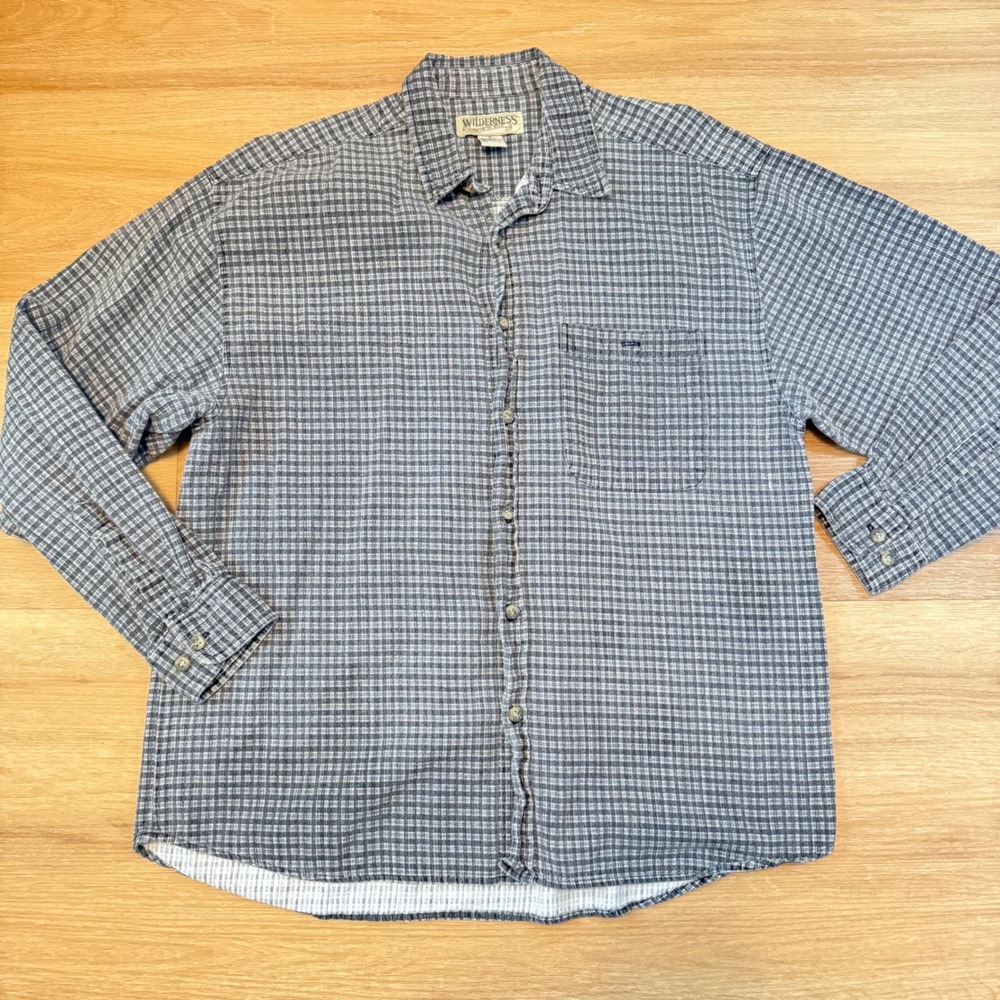 Wilderness Mens XL Grey Plaid Textured Cotton Button Down Shirt Long Sleeve